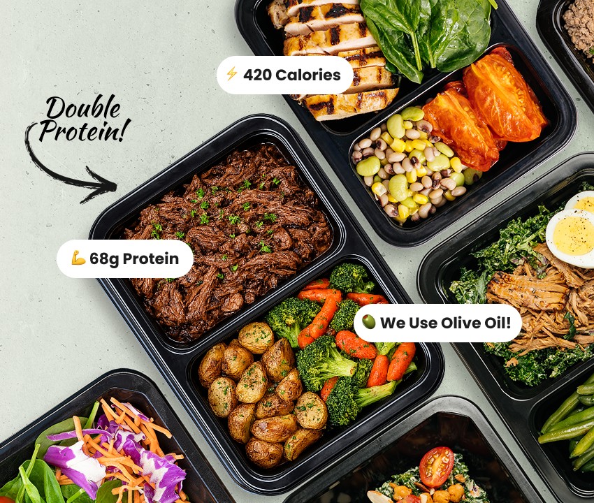 A spread of fresh, macro balanced ReBuilt meals in prep containers